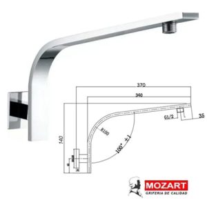 Brazo p/lluvia rectangular 42cm curvo alto c/roseta cuadrada acero inoxidable  [UM 1u | 80u]